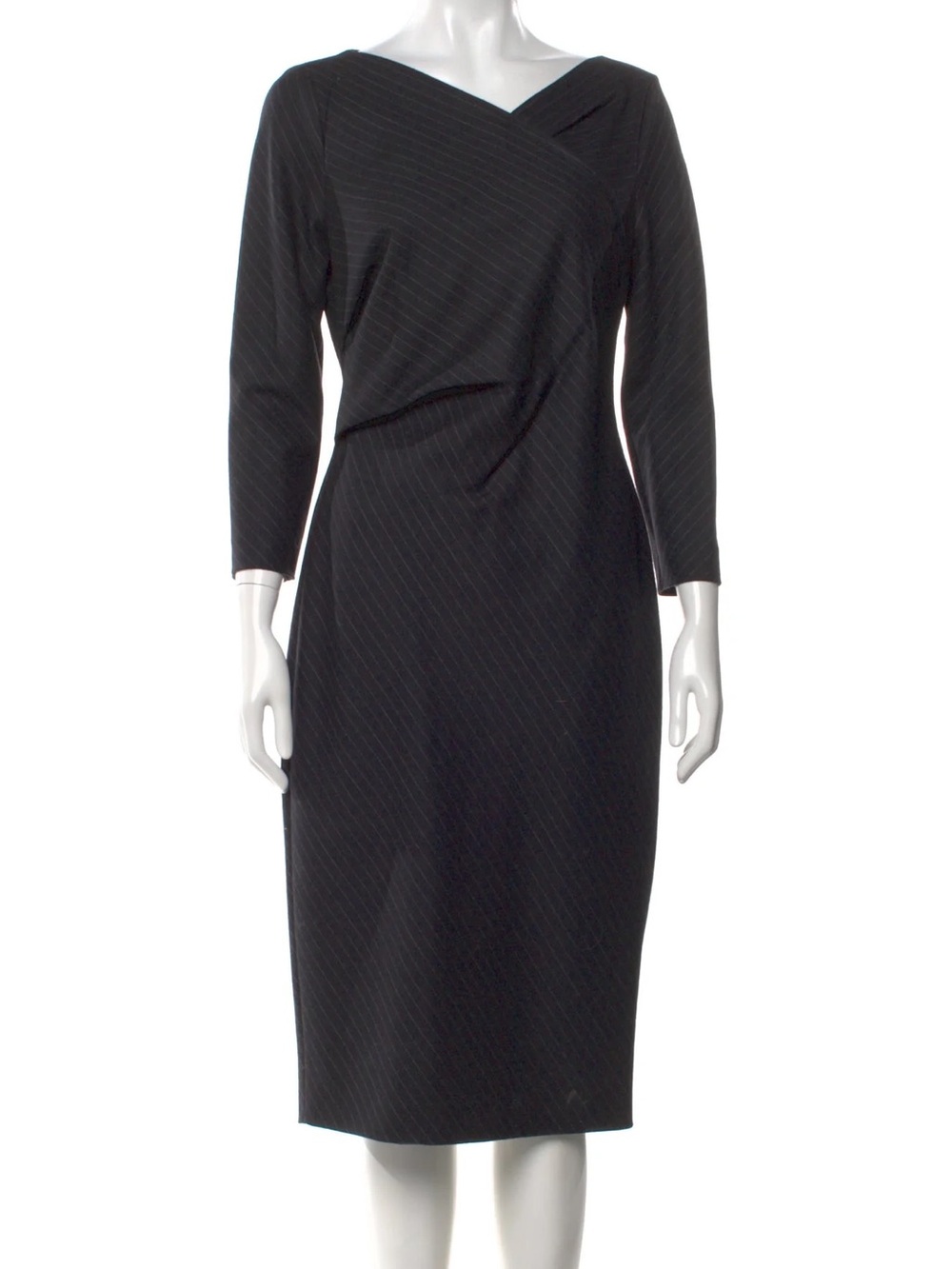 Max Mara Pinstriped Draped Sheath Dress Black Virgin Wool Quiet Luxury Sz 4